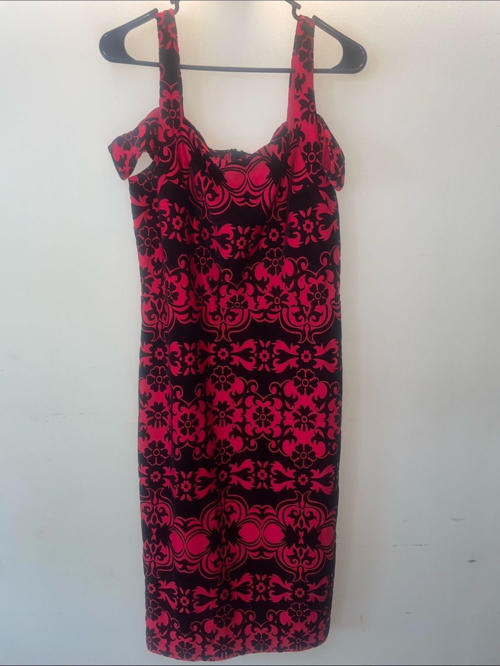 New York & Company Stretch Red & Black Velvet Burnout Dress | Size M